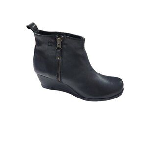 Lola Miller Black Leather Wedged Ankle Boots Zip Womens 7.5